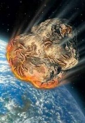 Artist's depiction of life falling to Earth on a meteorite, according to the panspermia hypothesis - click for larger version